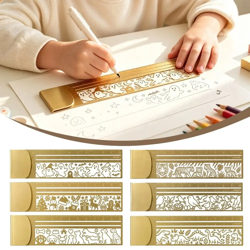 Portable Brass Bookmark Ruler Cute Patterns Multi-functional Stencil Straight Ruler Hollow Measuring Ruler Kids Students