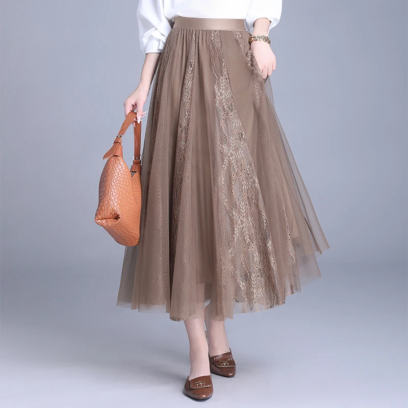 

Юбка миди женская с высокой талией, кружевными вставками и сетчатыми вставками, А-силуэт, весенняя, длинная, из смесового полиэстера