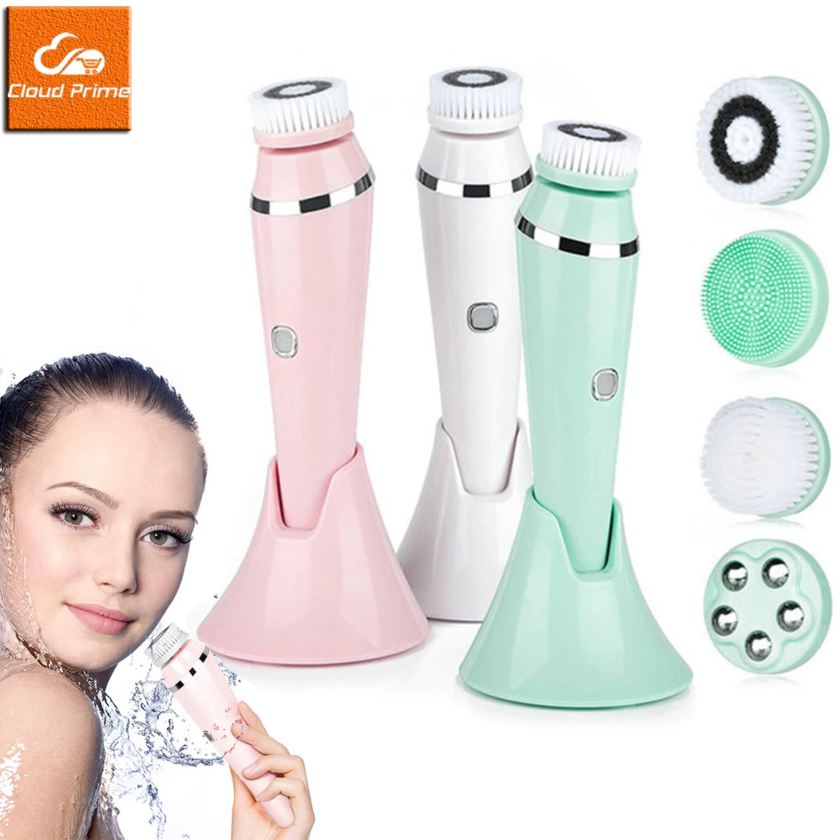 4 heads Electric Silicone Face Skin Care Cleansing Brush Sonic Facial Cleanser Roller Massager Blackhead Remover Pore Cleaner