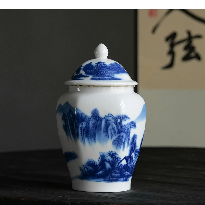 Tarro de almacenamiento de porcelana azul y blanca, pintura de tinta, bote de té de jengibre de cerámica, decoración de escritorio, joyero, contenedor de cosméticos