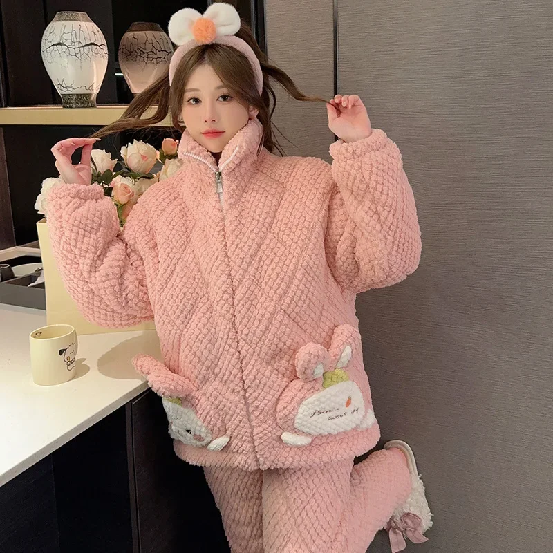 معطف وسراويل بسحاب رقيق للنساء ، بيجامات مبطنة بثلاث طبقات ، ناعمة ومريحة ، فانيلا دافئة وسميكة ، ملابس منزلية ، مقاس 5XL كبير ، شتاء