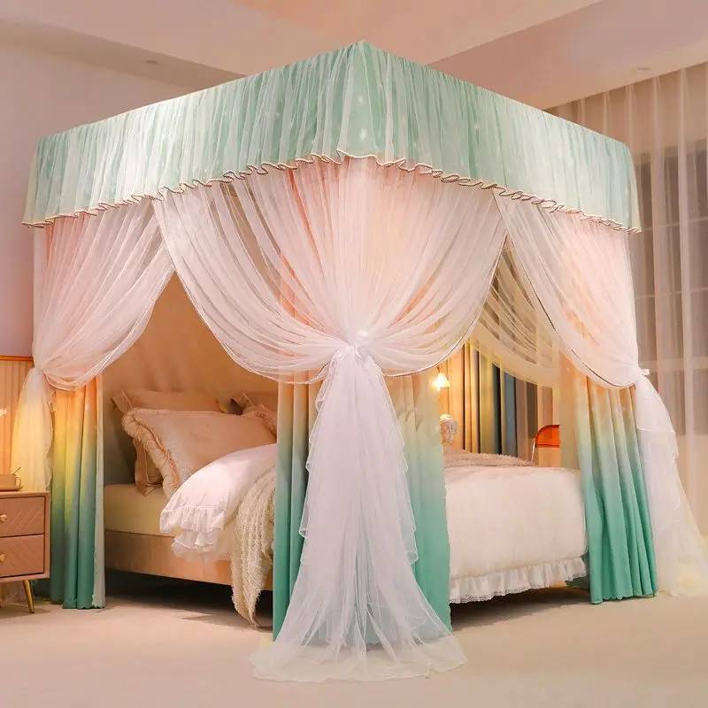 

Four Season 2 Layers Shading Mosquito Net Quadrate Palace Bed Curtain Canopy Nets Three-door with Bracket Home Decor