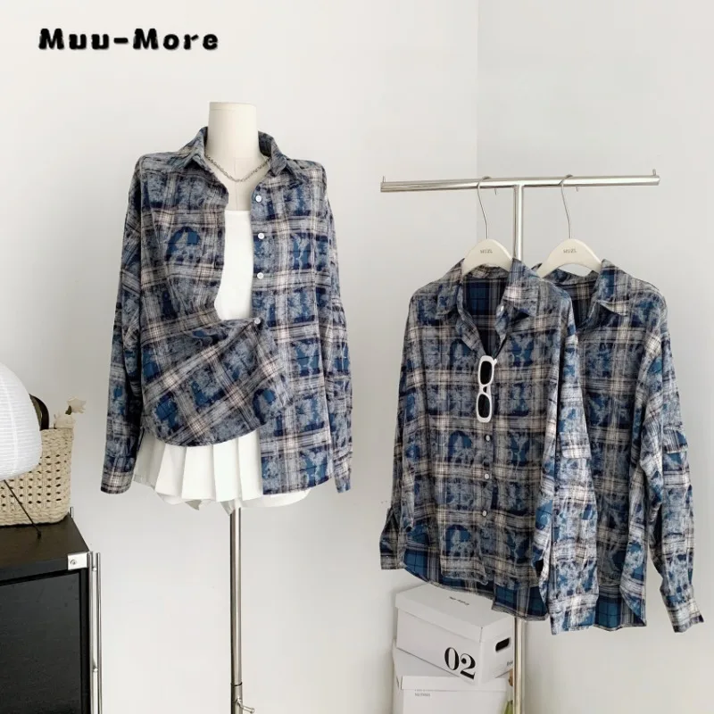 

Women American Retro Blue Double-sided Design Plaid Polo Collar Single Breasted Blouse 2023 Autumn Winter Loose Fashion Shirt