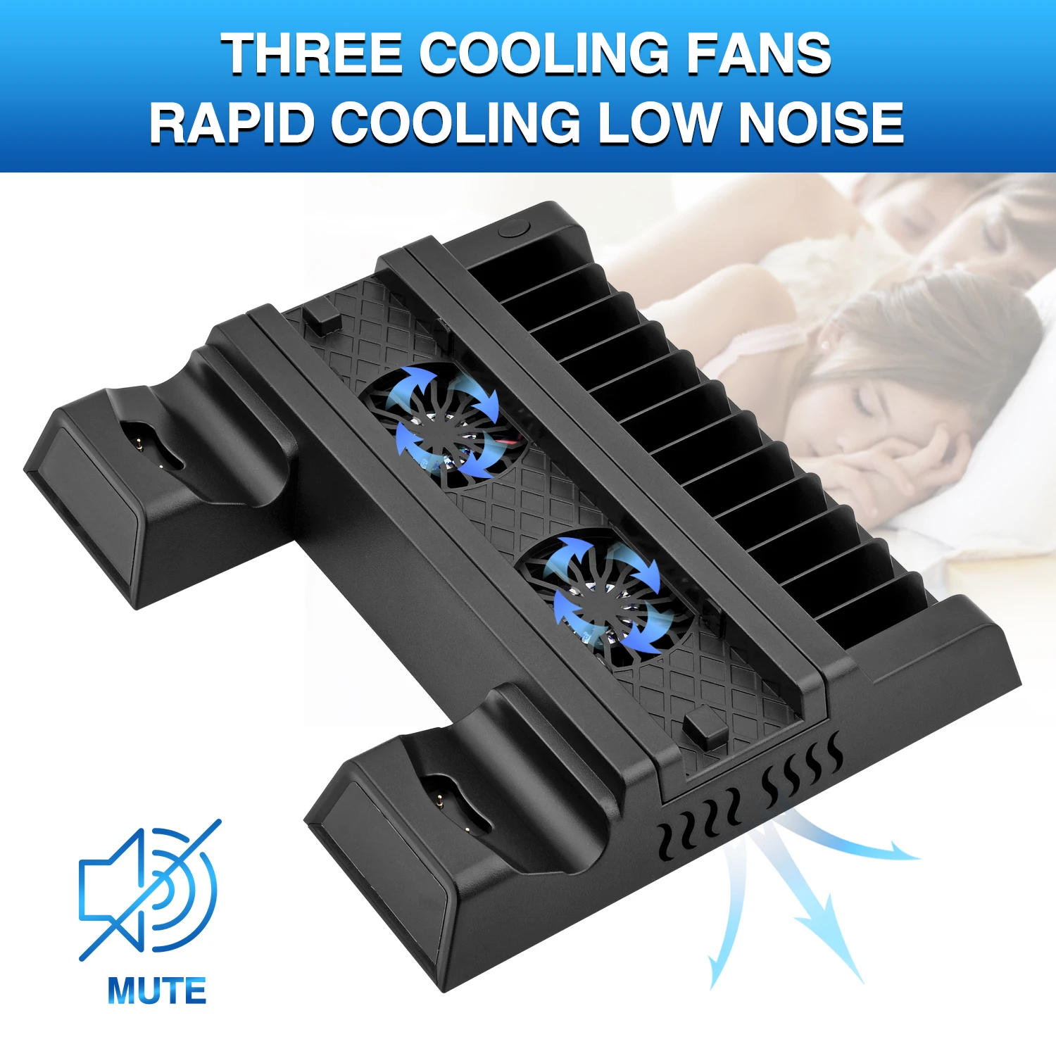 PS4 Stand Cooling Fan Station for Playstation 4/PS4 Slim/PS4 Pro, PS4 Pro Vertical Stand with Dual Controller EXT Port Charger D