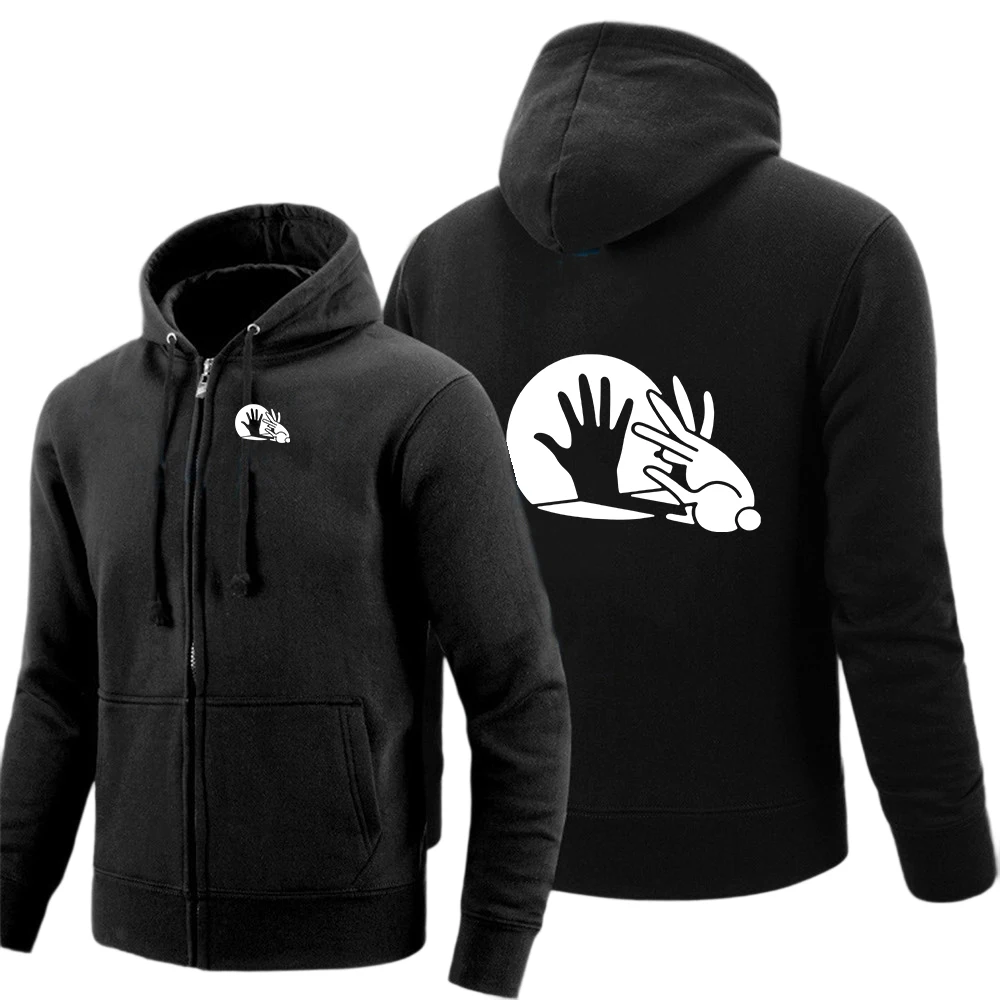 Jaqueta com Capuz com Zíper Masculina Nova, Cor Sólida, Estampa de Sombra de Palma Divertida, Estilo Streetwear de Nicho para Uso Diário, Primavera e 