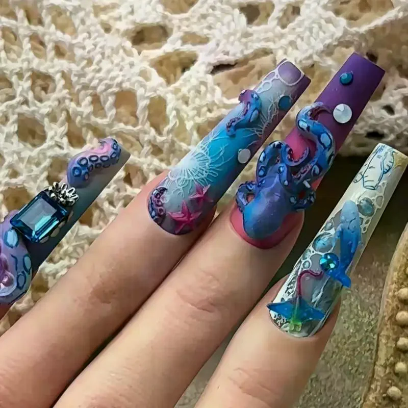 Molde de unha 3d, anel azul do mar profundo, estênceis de estampagem de polvo, esmalte em gel uv, molde de arte, ferramenta de escultura em silicone, design diy, charme de unha