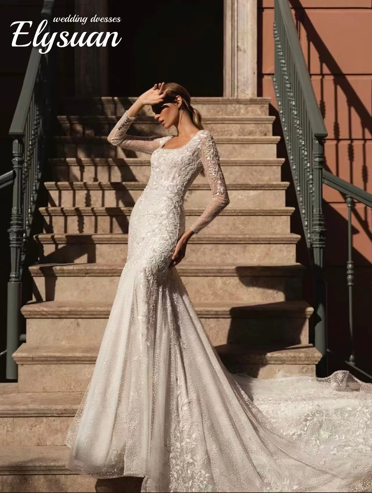 Customized Square Neck Zipper Up Back Long Sleeve Beads Lace 2 Pieces Mermaid Wedding Dresses With Detachable Train Vestido