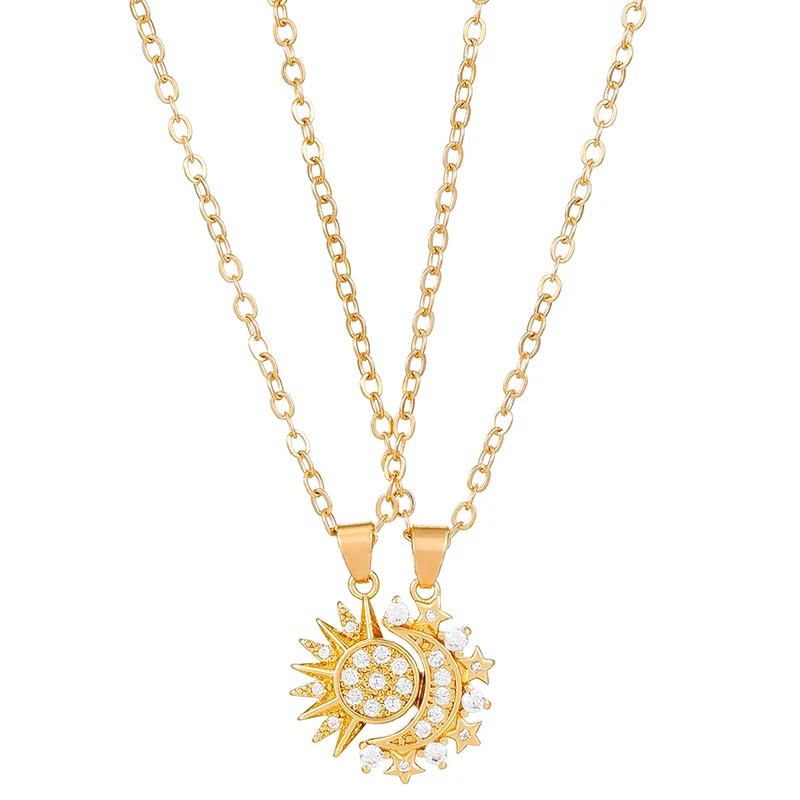 2-teiliges Set Magnetische Sonne-Mond-Anhänger Halsketten für Frauen und Männer Metall Zirkon Strass Sonne-Mond Paar-Halsketten Set Schmuck Geschenke – Detail 12