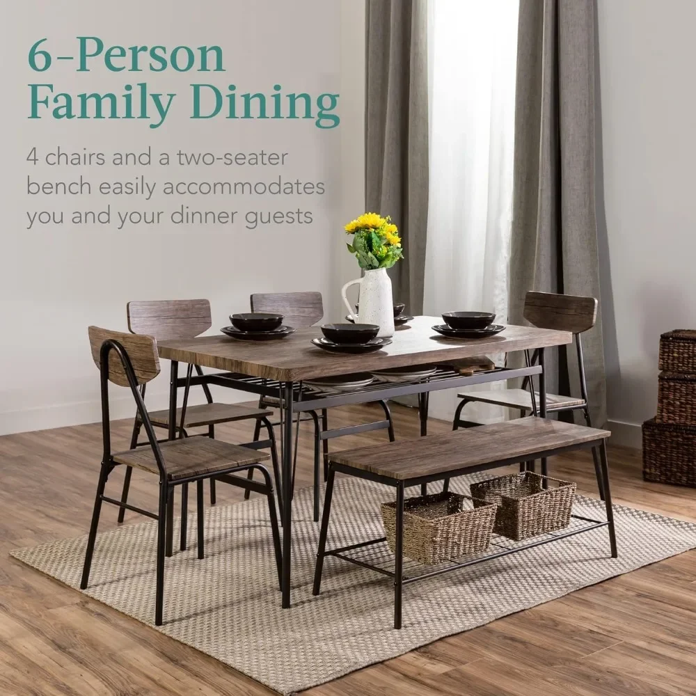 6-piece 55 inch modern dining table set with storage rack, rectangular table, bench, 4 steel frame chairs