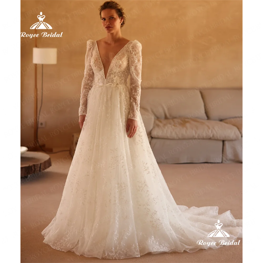 Roycebridal Scollo a V A Line Abito da sposa 2025 Abito da sposa in pizzo con strascico di corte Personalizzato vestido de casamentohochzeitskleidsuknia śl