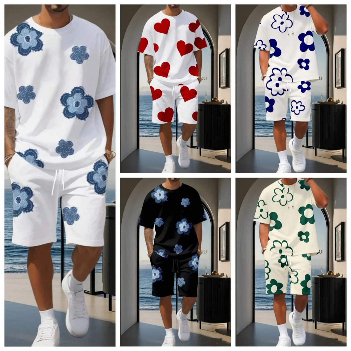 

25/26 NEW Summer Men's Breathable and Comfortable Round Neck T-shirt Shorts with Printed Pattern Outdoor Casual Two-piece Set
