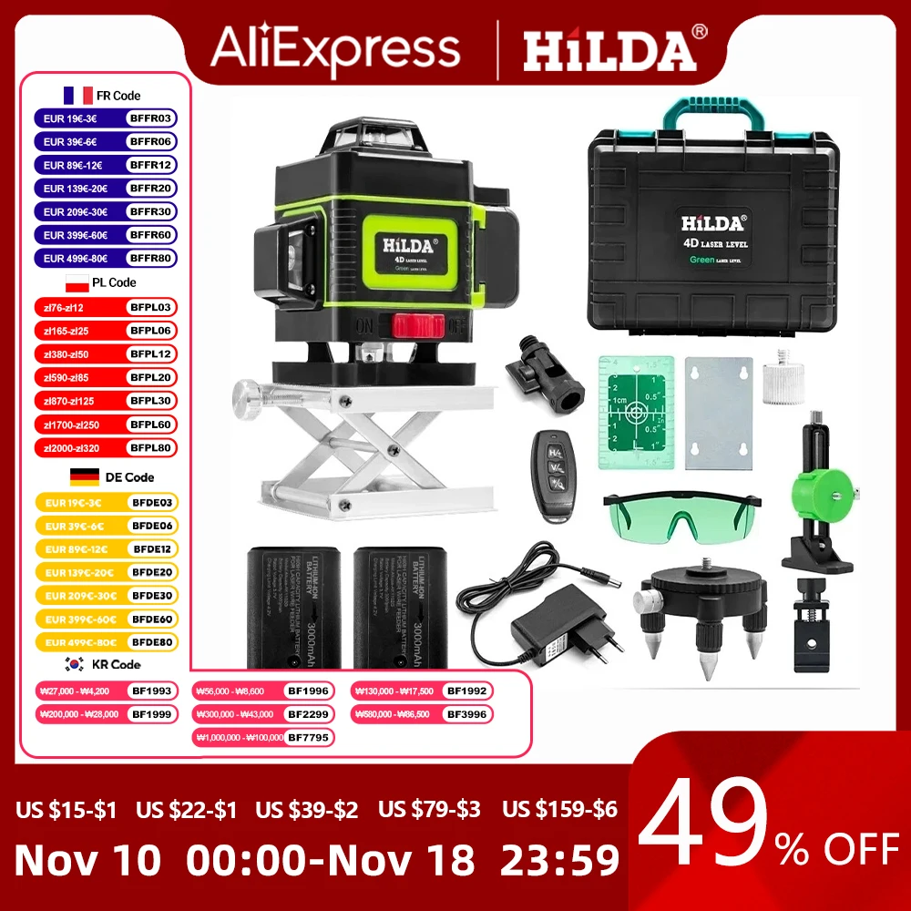 Hilda Laser Level 16 Lines 4D Self-Leveling 360 Horizontal And Vertical Cross Super Powerful Green Laser Beam Line