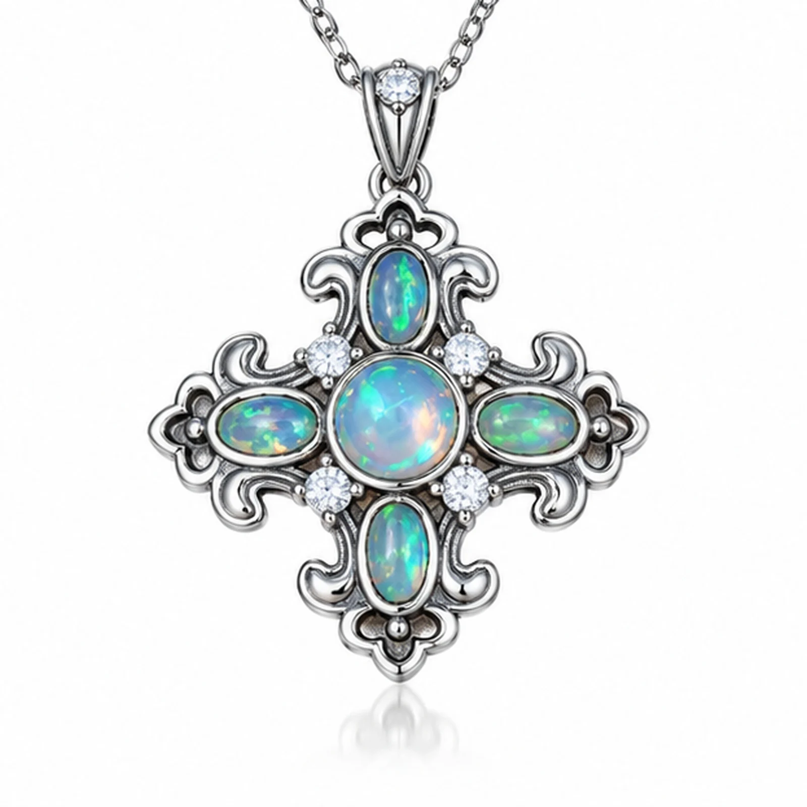 Natural Opal Cross 925 Sterling Silver Vintage Gothic Pendant Necklace October Gemstone Jewelry Iridescent Blue Green Opal Gift