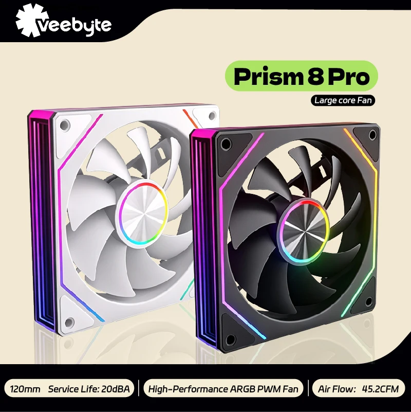 Veebyte PRISM 8 PRO PC Fan 120mm ARGB 4PIN 5V-3PIN PWM Quiet Cooling Fan 12V Large Air Volume Computer Fan 45.2CFM/800-1600RPM