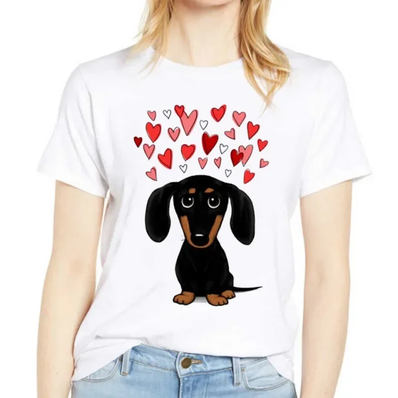 Women's  White T-shirt Short-Sleeved round Neck Fashion Dog Animal Print Harajuku Kawaii Top Casual Streetwear