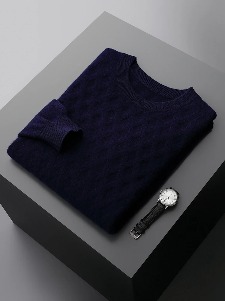 ADE-WhatsApp-Pull en cachemire optique pour hommes, pull à col rond, tricot losange, vêtements décontractés intelligents, 100% laine mérinos,