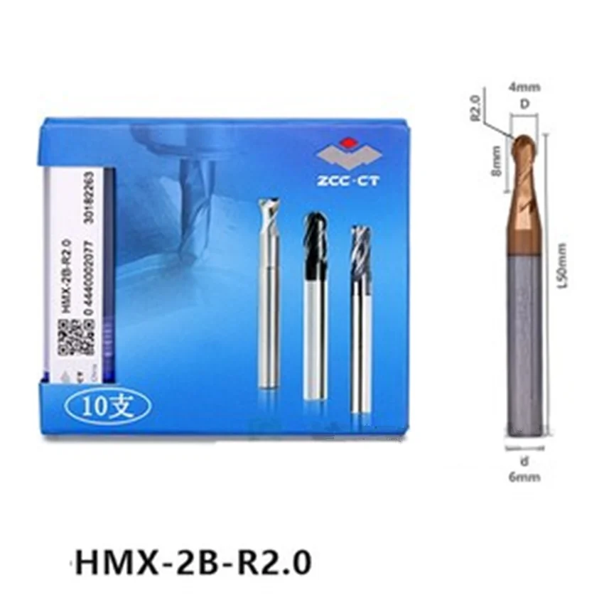 HMX-2B-R2.0 ZCC.CT HMX-2B Two edge straight shank ball end mill D4.0R2.0*6*8*50 2F Ball Nose End Mill 2 Flutes Ball End Mills