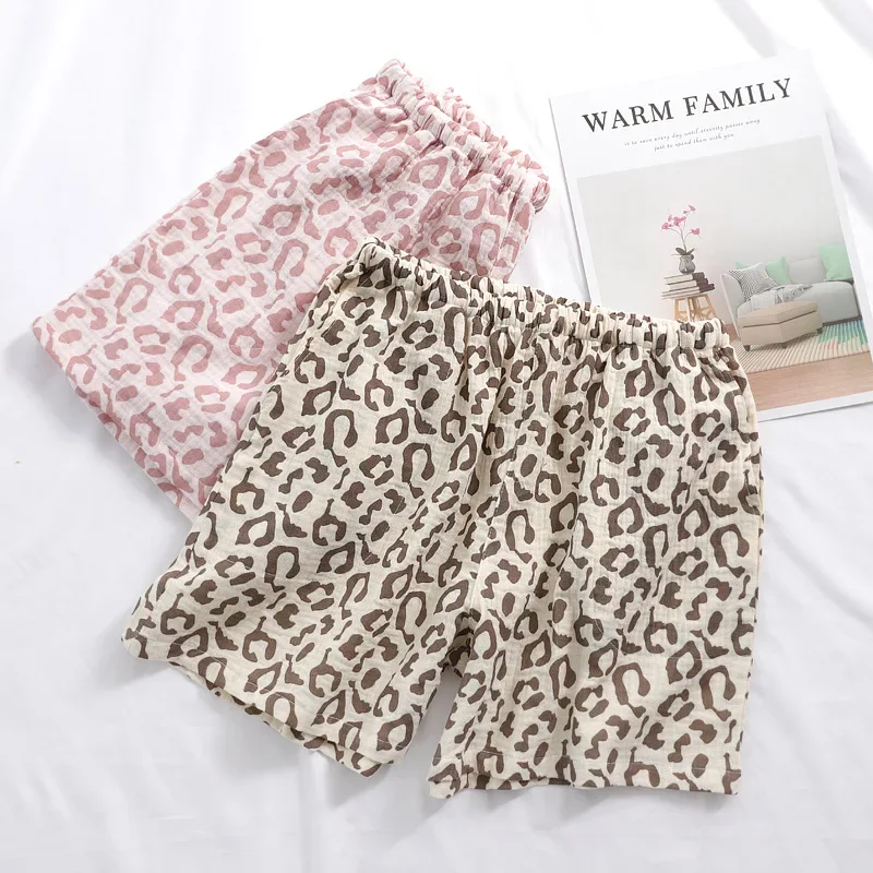 Summer new leopard print couple shorts cotton crepe women's thin soft and large size men's home pants cute shorts pajama shorts