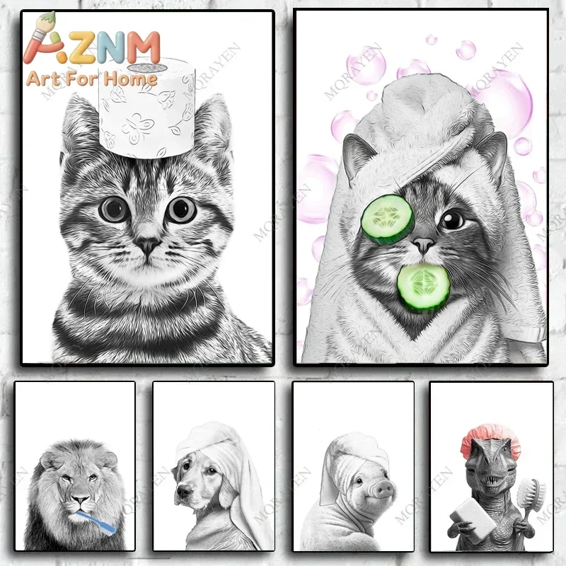 AZNM Funny Bathing Animals Canvas Poster Cat Dog Lion Dinosaur Pig Towel Cucumber Toilet Paper Art Print Bathroom Wall Decor Unf