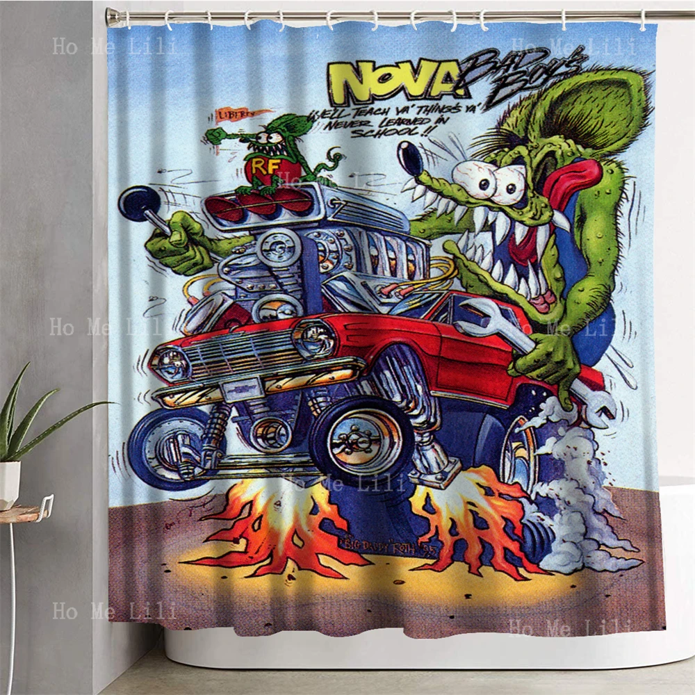 The Junk Yard Kid Cartoon Monster Rat Fink Ed Big Daddy Roth Design Fabric Bathroom Shower Curtain Home Decor