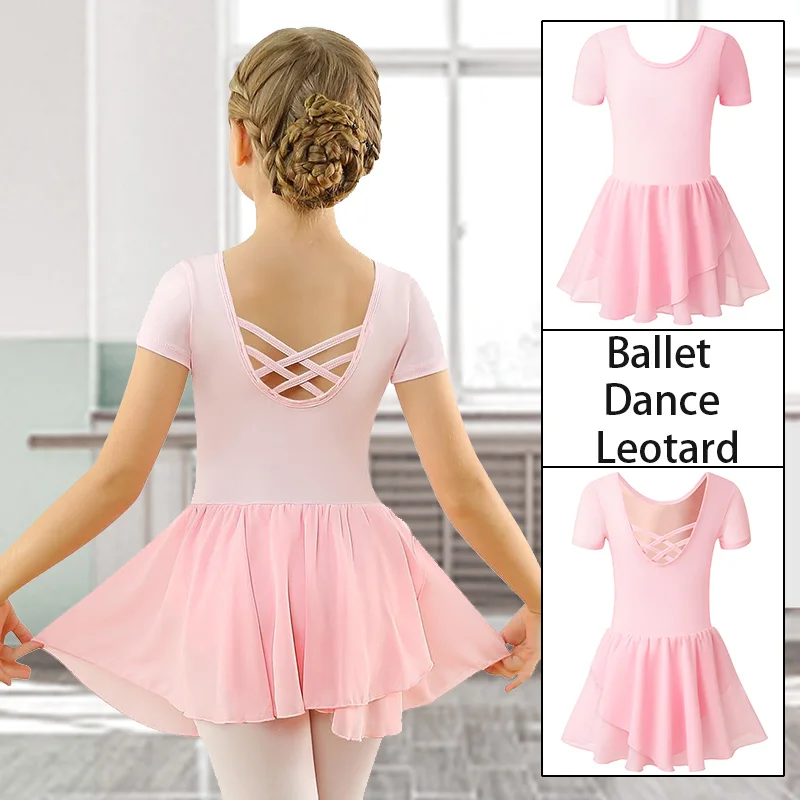 Body da danza classica per ragazza, manica corta, girocollo, per ragazza, ginnastica, gonne da ballo con cinghie incrociate sul retro