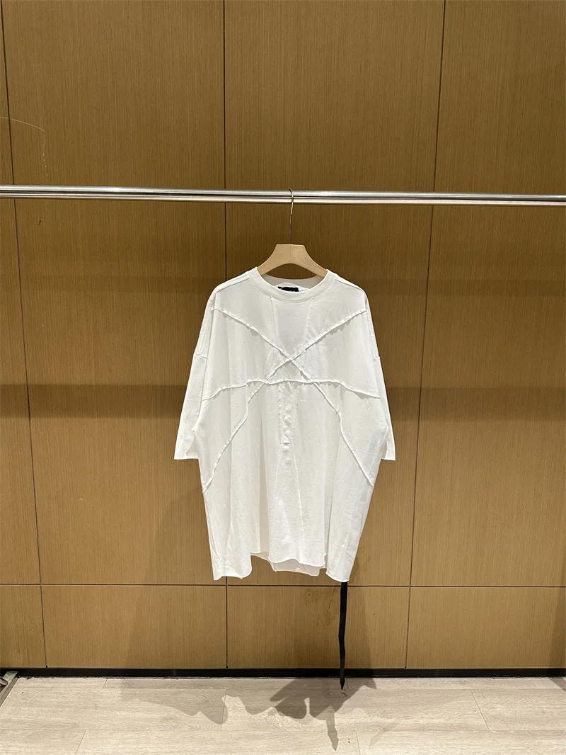 

Washed Vintage Short Sleeve T-shirt Men Women High Street Dark Style Ribbon Splicing Half Sleeved T Shirt