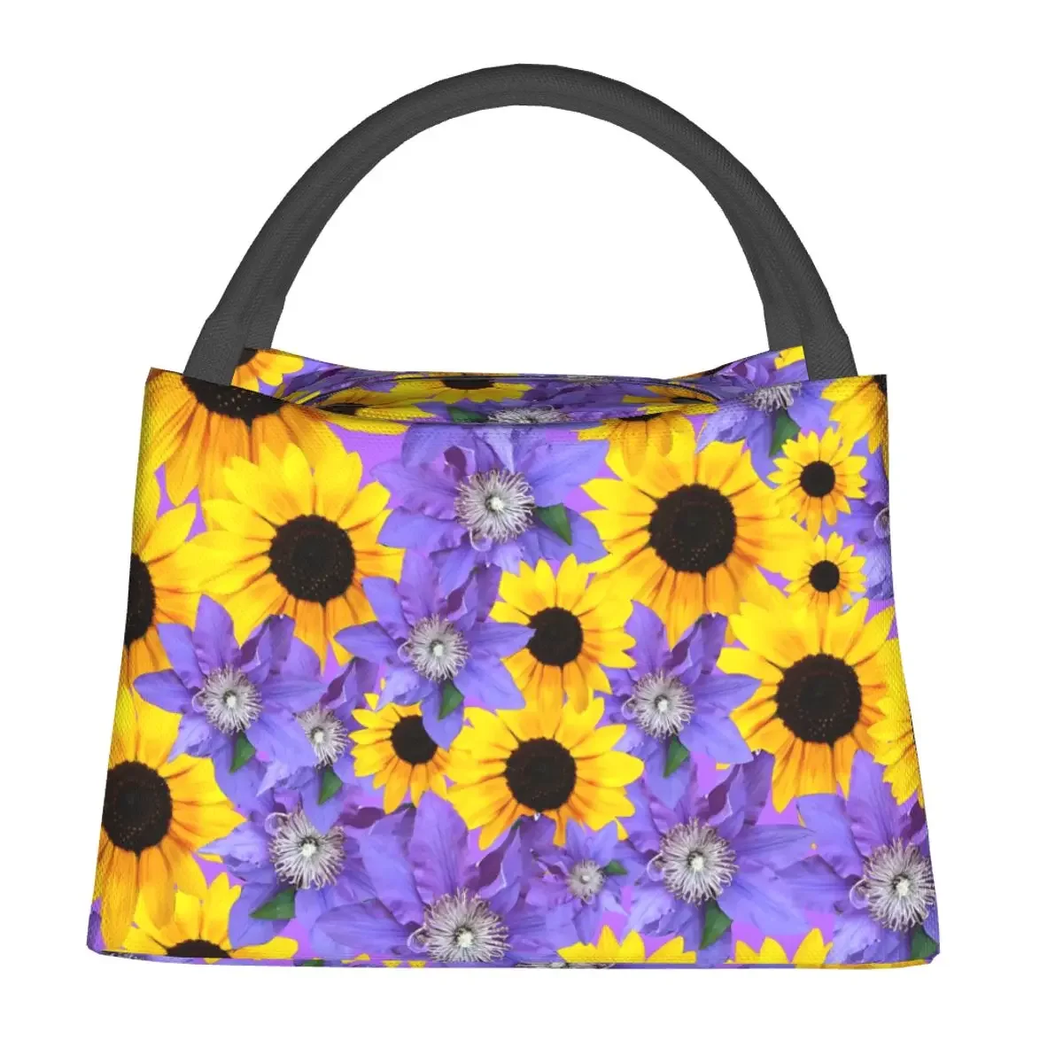 

Sunflower Print Lunch Bag For Unisex Purple Floral Lunch Box Casual Picnic Cooler Bag Portable Waterproof Thermal Tote Handbags