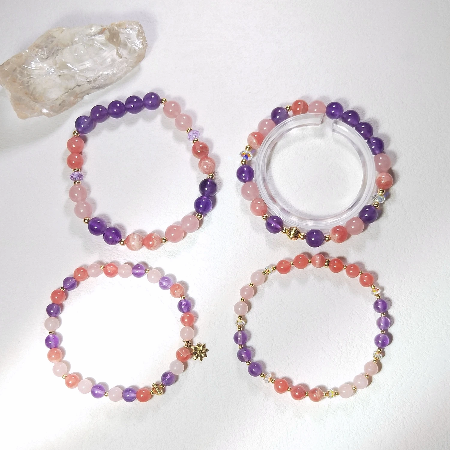 

Lii Ji Natural Stone Amethyst Rose Quartz Rhodochrosite 6/8mm With Crystal American 14K Gold Filled Elastic Bracelet
