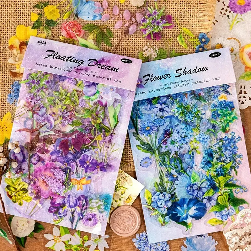 100pcs/pack Plant Flower Sticker Material Pack Retro Handbook Collage DIY Decoration With Fower Said Series