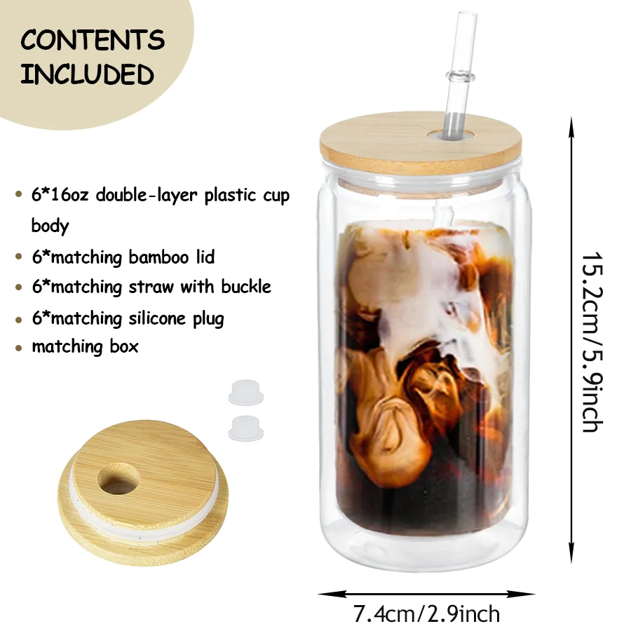 6 عبوات من زجاجات مياه سعة 16 أونصة، وأغطية أكواب شفافة ذات جدران مزدوجة، وقش وقمع - قابلة لإعادة الاستخدام لمكتب الحفلات وعيد الميلاد وعيد الشكر