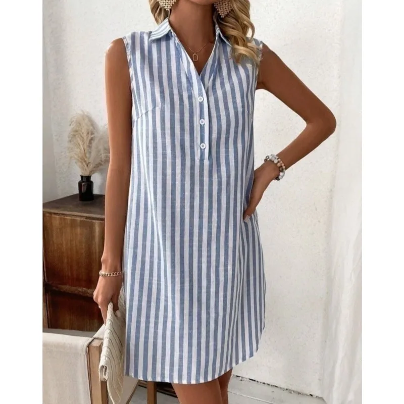 الصيف فضفاض مخطط قميص فستان المرأة الجديدة زر البلوز الخامس الرقبة أكمام مزاجه عادية تنوعا فستان قصير رداء فام