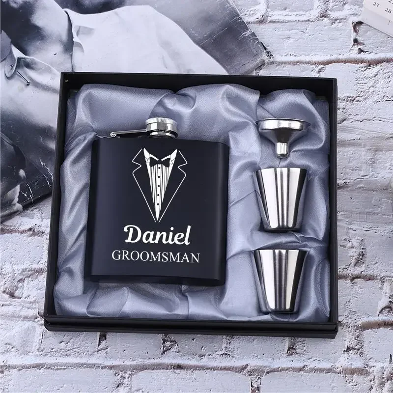 Frasco personalizado de 6oz, frasco de cadera de acero inoxidable, frasco grabado, regalo para el mejor hombre y el novio, caja blanca, embalaje, logotipo personalizado para boda