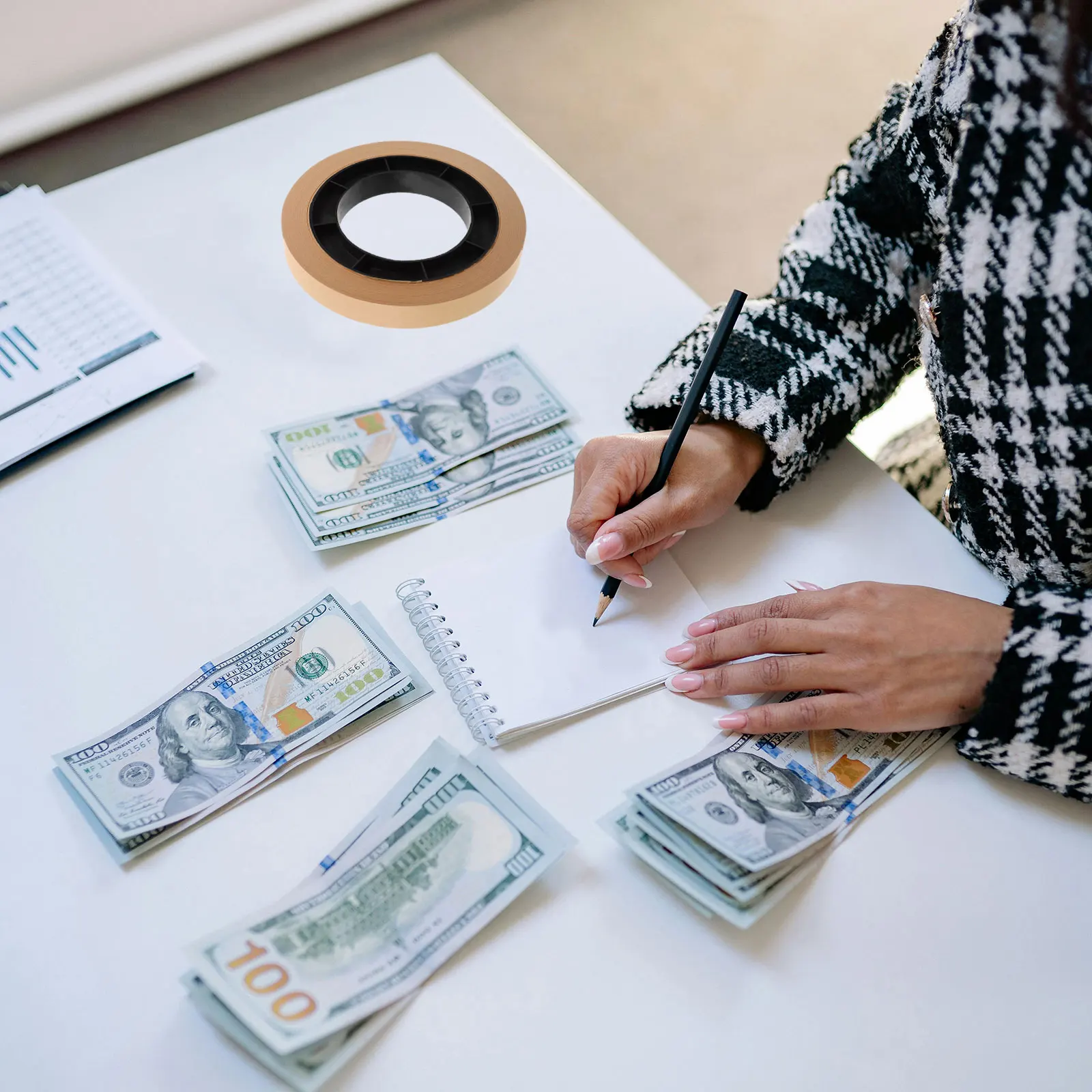 1 لفة من أشرطة النقود للفواتير وأشرطة العملات النقدية وأشرطة النقود الورقية وتغليف سريع وآمن للمؤسسات المالية