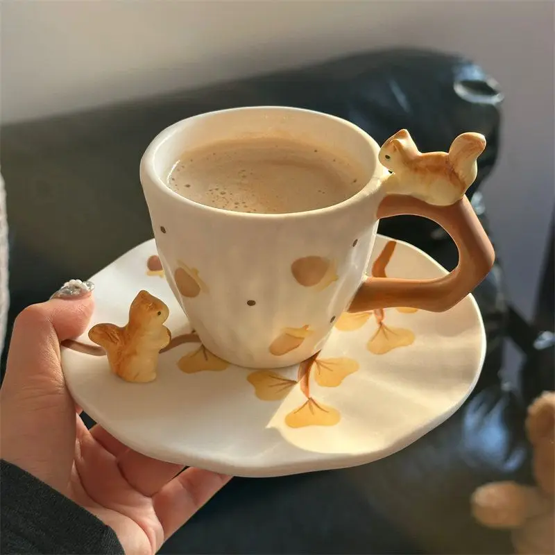 3D Squirrel Ginkgo Ceramic Cup Plate Set Cute Autumn and Winter Coffee Cup Creative Home Drinking Cup Festival Gift Tableware