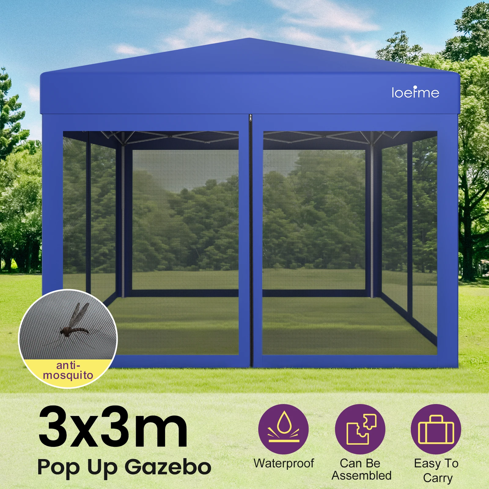 LOEFME Outdoor Tent Pop Up Gazebo Mesh Cloth Garden Canopy Camping Tent Mosquito-proof Waterproof  UV Sun Protection 3x3M Awning