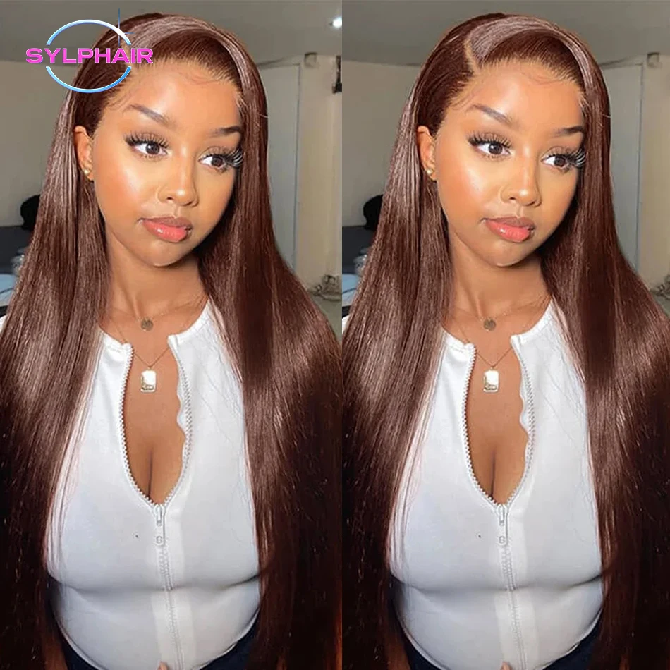 

13x6 HD Шоколадно-коричневый прямой парик фронта шнурка Человеческие волосы 30 дюймов 200% HD Прозрачный парик фронтальной части шнурка Коричневые парики для женщин