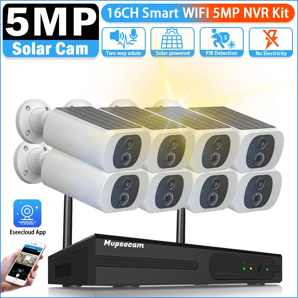 5MP Solar Battery 8CH Wireless Security CCTV Cameras System Remote Monitoring Wifi NVR Kit P2P IP Bullet Camera System Set 10CH
