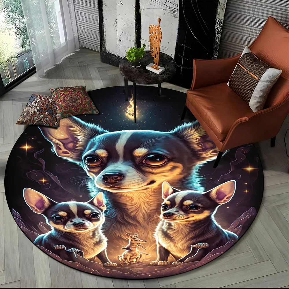 Cute Dog Samoye,Chihuahua,Koki Pomeranian Cartoon Round Carpet Rug for Living Room Bedroom Decor,kids Pet Area Rug Non-slip Mat