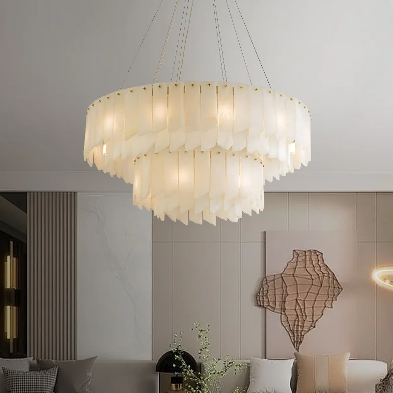 Sophisticated Modern Art Deco Gold Metal Geometrical Stepped Frosted Stone Chandelier Pendant Light for Dining Living Room Decor