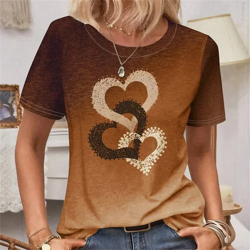 

2024 New Heart Graphic Print T-shirt For Women Plus Size Top Summer Women's Trend Clothing Crew Tee Female Short Sleeve Shirt