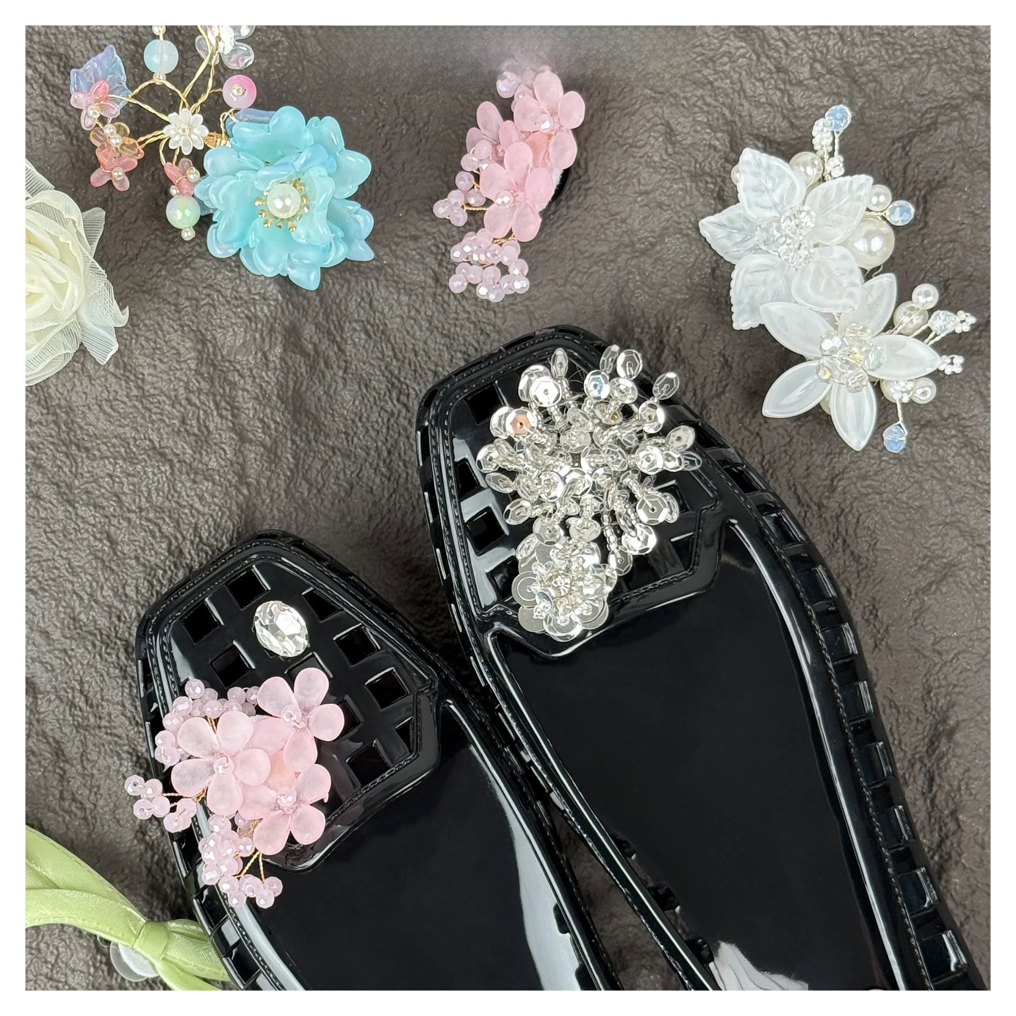 

Корейские сандалии на плоской подошве с квадратным носком, украшенные цветами из желейных бусин, дышащие, с вырезами, на одной подошве