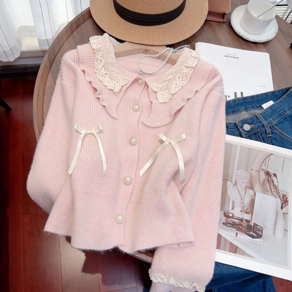 Literary Sweet Fresh Preppy Style Slim Cardigan French Peter Pan Collar Knit Jumper Lace Bow Fungus Casual Gentle Sweater