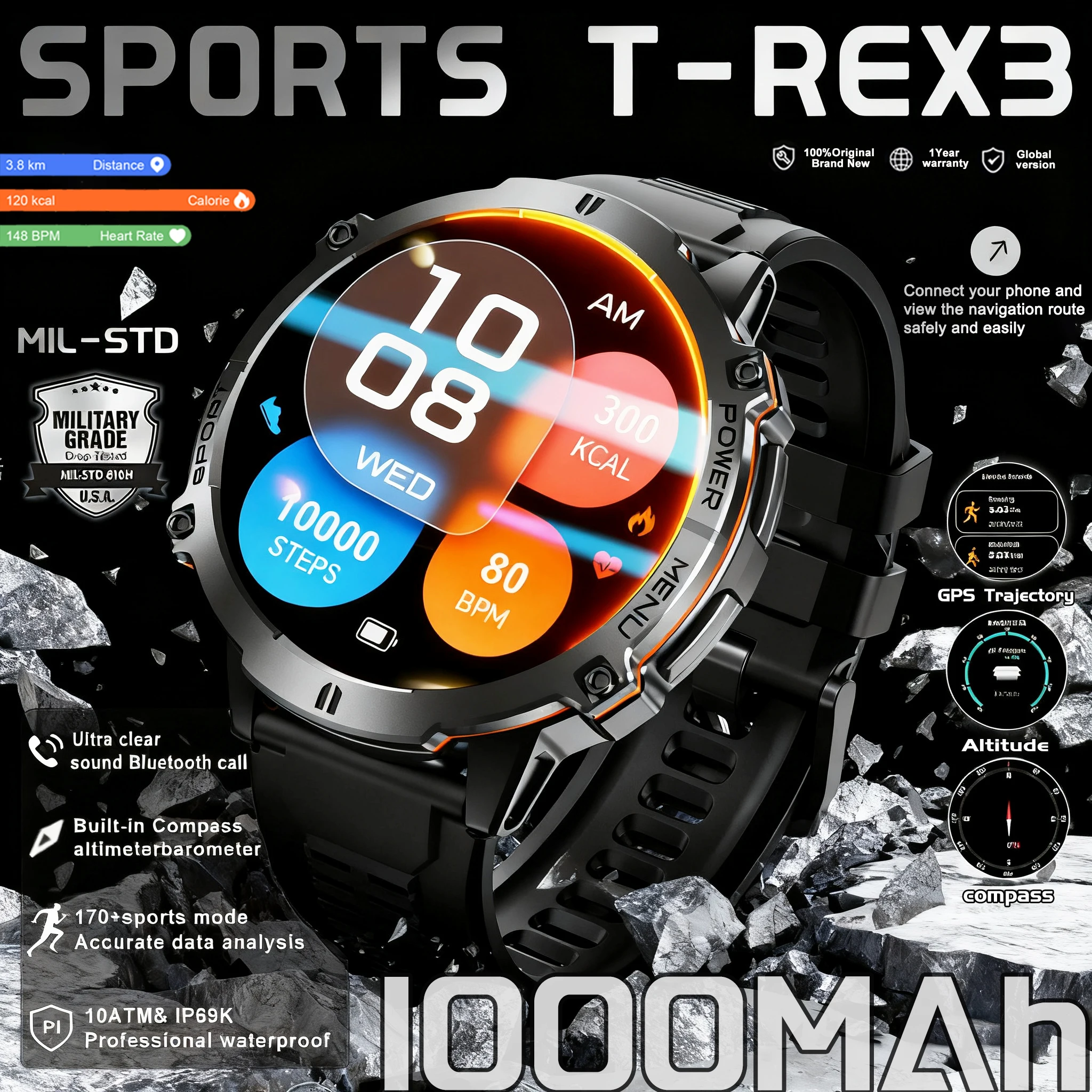 

Новые умные часы T-Rex 3, GPS, 1,73 дюйма, AMOLED, 10 АТМ, водонепроницаемые, встроенные, двухдиапазонные, GNSS, компас, военные спортивные умные часы, мужские часы