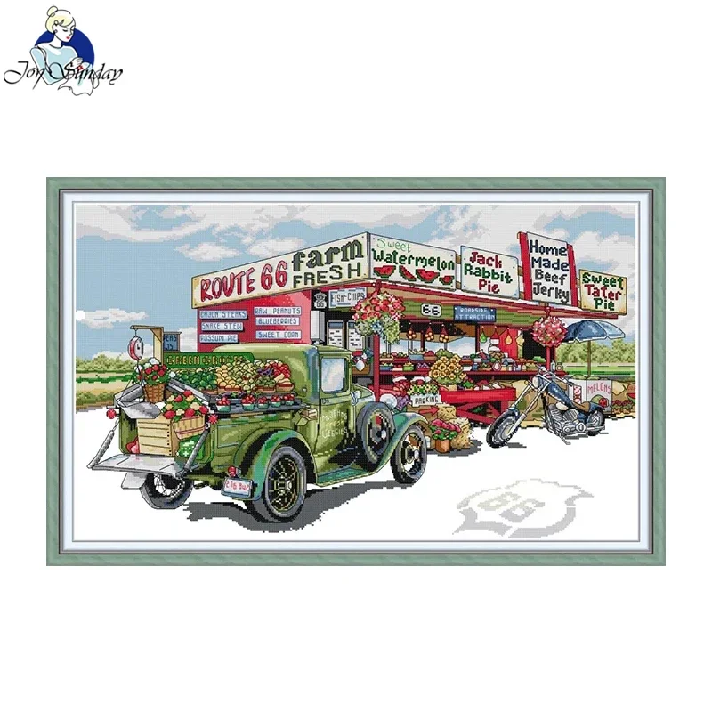 Joy Sunday Cross Stitch Kits Fruit Cart Patterns Aida 16CT 14CT 11CT Printed Counted Fabric DIY Hand Embroidery Needlework Set