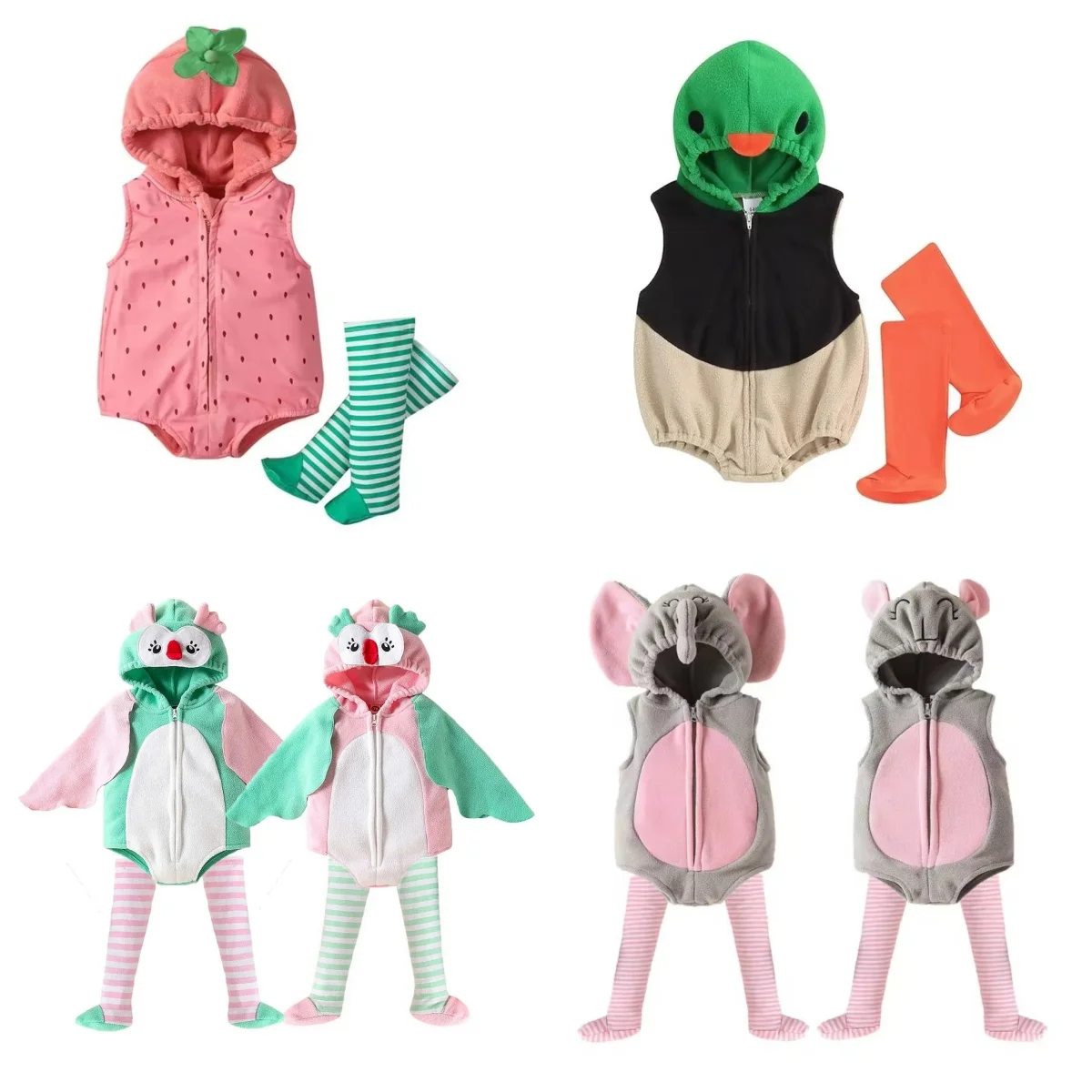 Infant Cute Cartoon Animal Hooded Romper Set Newborn Sleeveless Zipper Jumpsuit with Socks Baby Costume Outfit for 0-24M