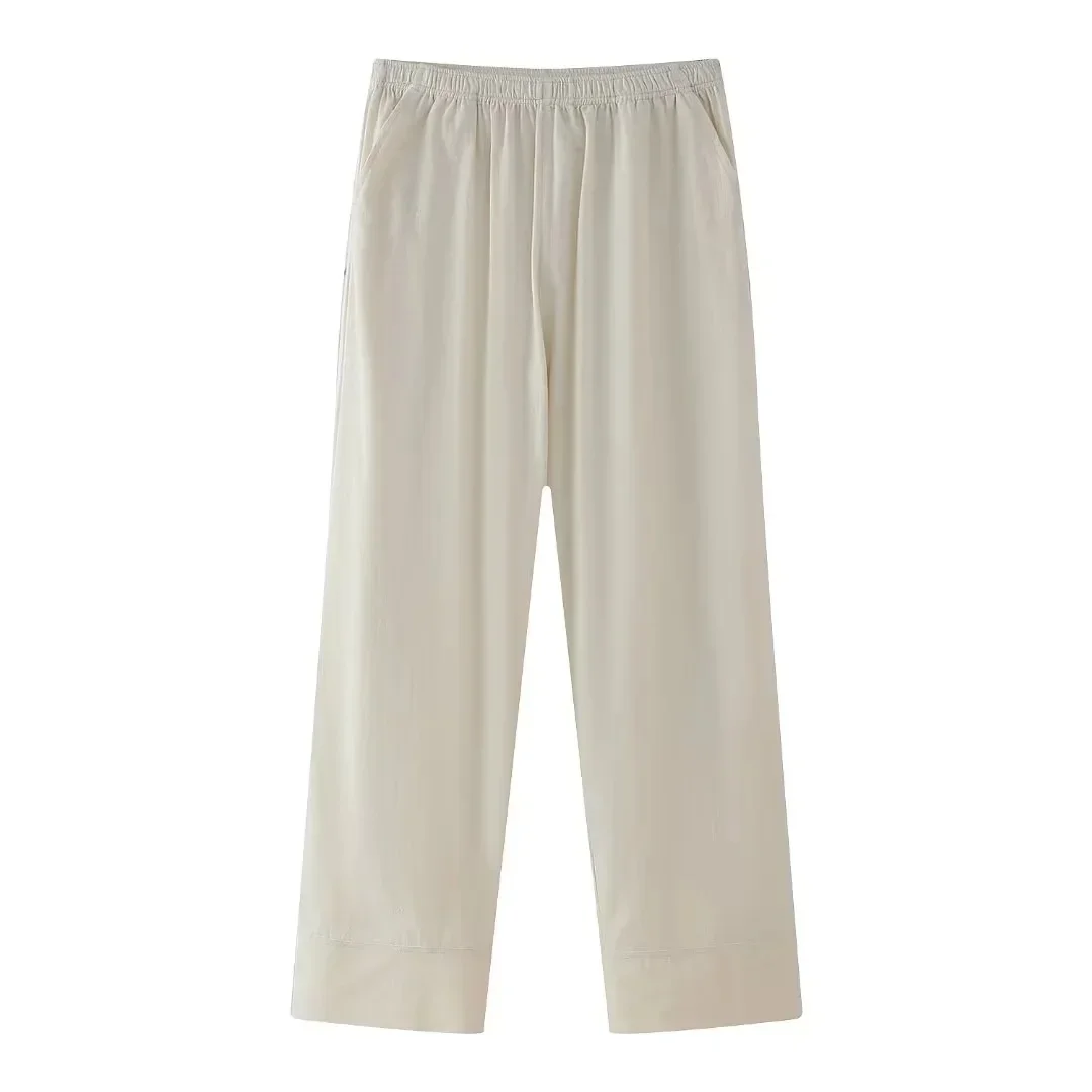 Calça casual de perna reta elástica feminina, calças femininas chiques, cordão solto, calças de perna larga, roupas femininas, primavera, 2021