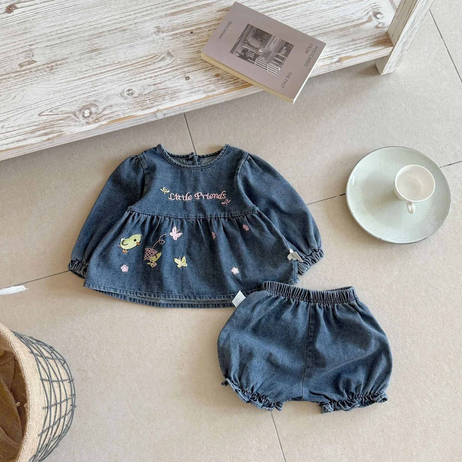2026 Autumn New Baby Girl Long Sleeve Clothes Set Girls Sweet Flower Embroidery Tops + Shorts 2pcs Suit Toddler Denim Outfits