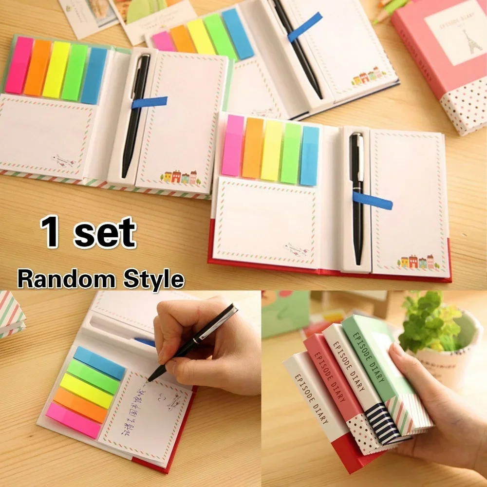 1 Set of Stationery New Creative Cute Hard Shell Notepad Combination Convenient Sticker Notebook with Pen Stationery Random