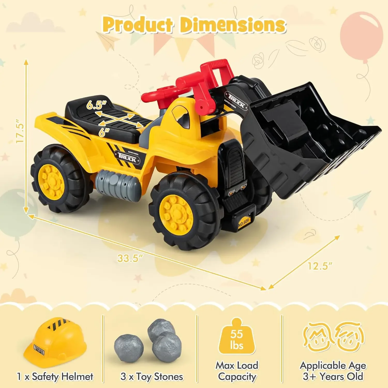 Ride on Excavator, No Power Ride on Construction Vehicles for Kids, Helmet, 3 Toy Rocks, Adjustable Bucket, Horn, Ride On Loader