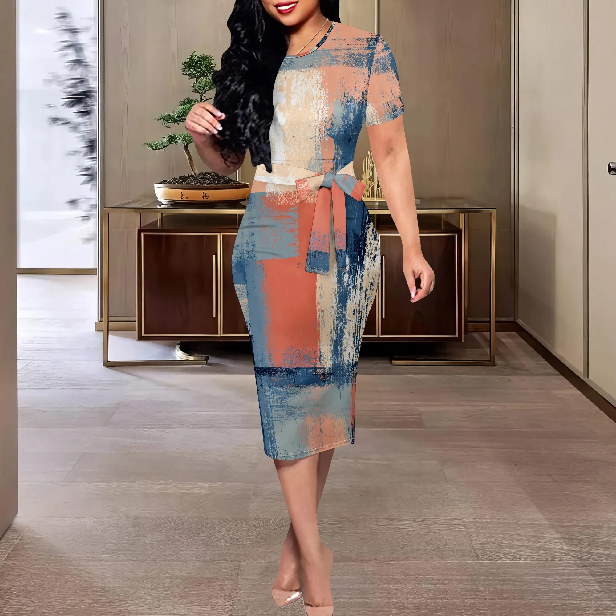 

Abstract Brushstroke Midi Dress XS-3XL Short Sleeve Belted Style for Art Gallery, Fall Streetwear or Creative Office Look